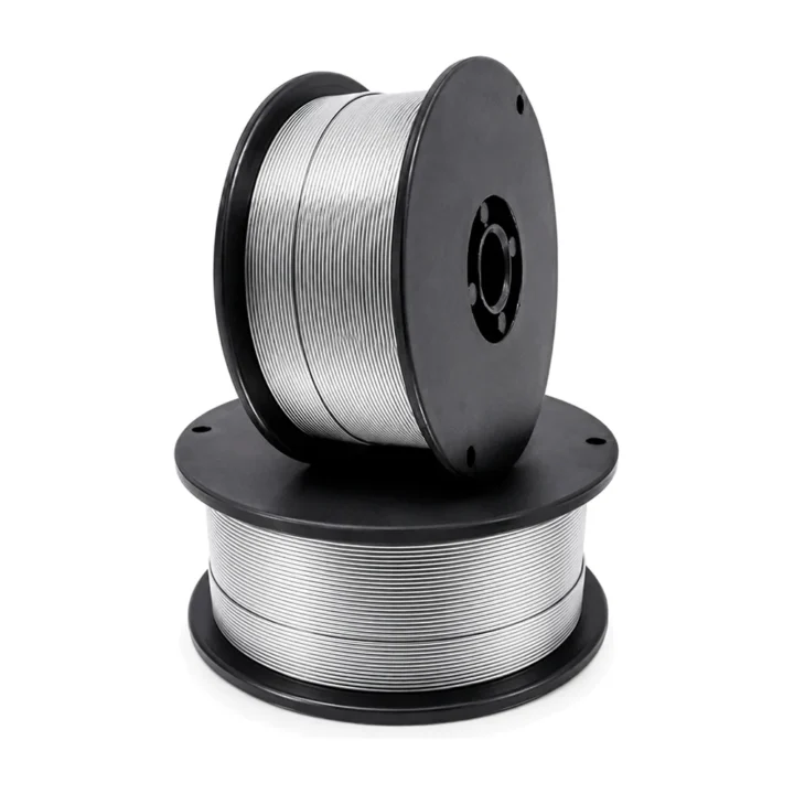 Dois carretéis de arame tubular Baupower E71T-GS, de fio prateado, em fundo branco