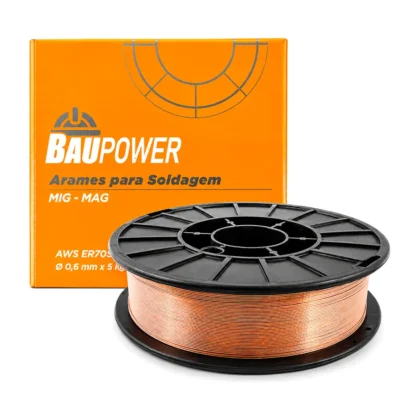 Embalagem de arame Baupower para soldagem MIG e MAG, norma ER70S-6, em fundo branco
