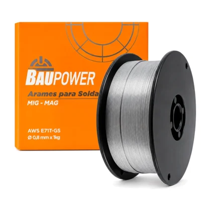 Caixa laranja de arame Baupower para soldagem MIG/MAG, norma AWS E71T-GS de 0,8 milímetro por 1 quilo, ao lado do carretel de arame tubular prateado, em fundo branco