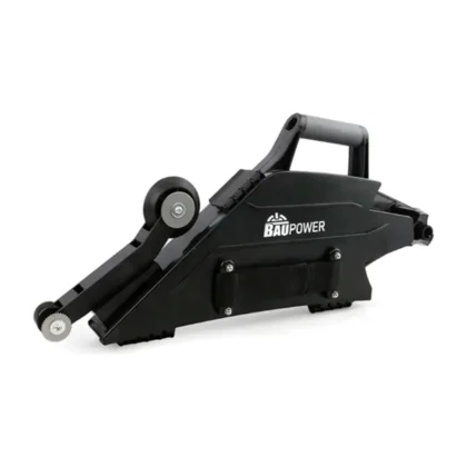 Banjo Baupower aplicador de fita de papel, corpo preto com duas rodas brancas e alça metálica, em fundo branco