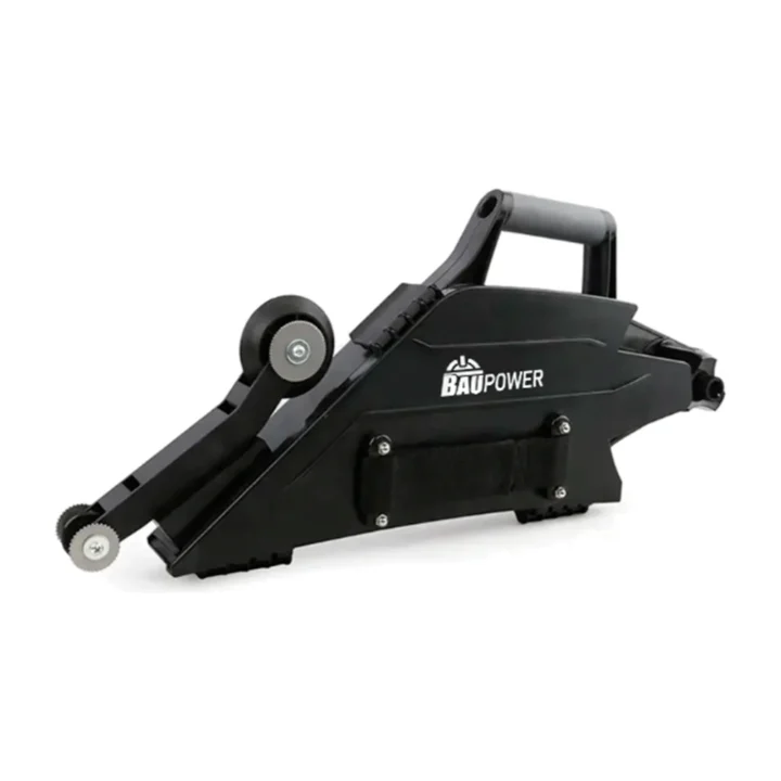 Banjo Baupower aplicador de fita de papel, corpo preto com duas rodas brancas e alça metálica, em fundo branco