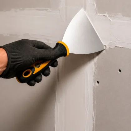 Mão com luva de trabalho aplicando massa numa junta de placa de gesso com espátula Baupower de aço inox e cabo de poliamida