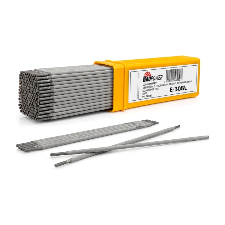 Caixa amarela de eletrodos Baupower E-308L para inox, com o feixe de eletrodos de revestimento cinza-claro ao lado, em fundo branco