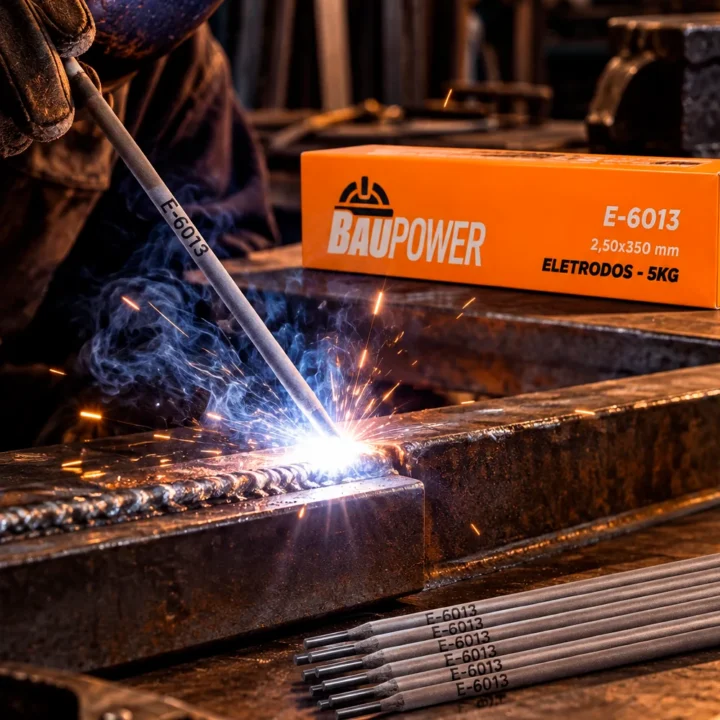 Eletrodo Baupower E-6013 soldando chapa de aço com o arco aceso, e a caixa laranja da linha ao lado