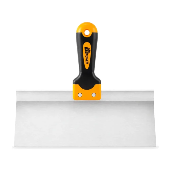 Espátula Baupower de aço inox de lâmina larga vista de frente, em fundo branco