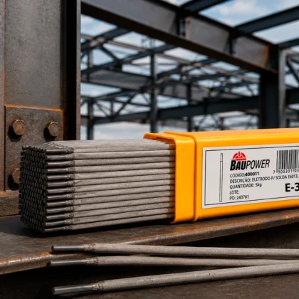 Caixa amarela de eletrodos Baupower E-308L para inox apoiada sobre viga de aço, com a estrutura metálica do galpão ao fundo