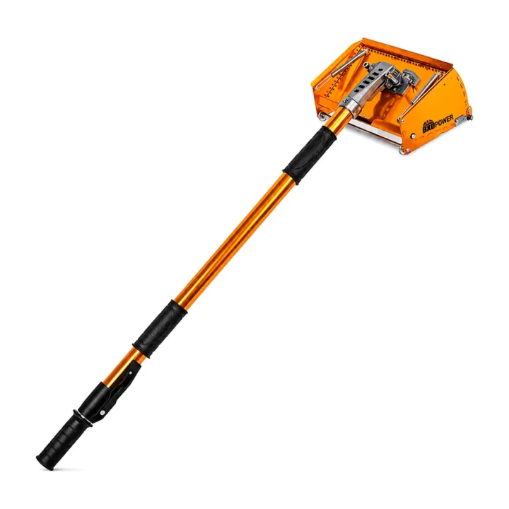 Flat Box Baupower de 250 milímetros em alumínio anodizado laranja com cabo telescópico, em fundo branco