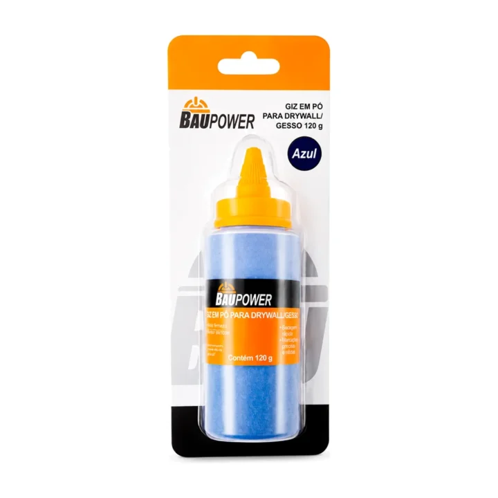 Cartela do giz em pó azul Baupower de 120 gramas para drywall e gesso, com o frasco à mostra