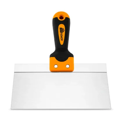 Espátula Baupower de aço inox de 8 polegadas com cabo de poliamida laranja e preto, em fundo branco