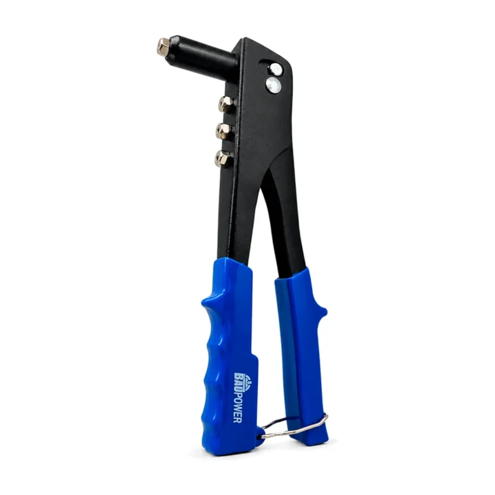 Rebitador manual Baupower com cabo emborrachado azul fora da embalagem, em fundo branco