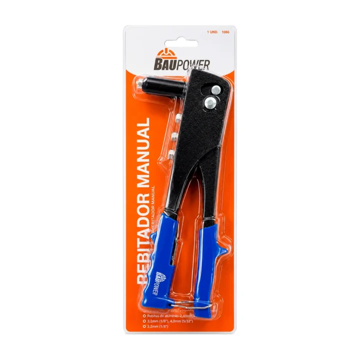 Cartela do rebitador manual Baupower, com o cabo emborrachado azul e preto à mostra