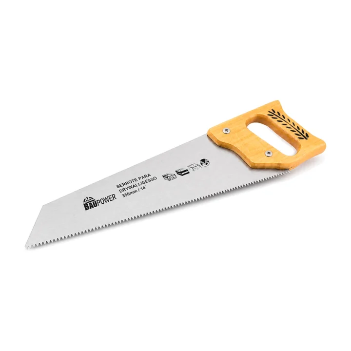 Serrote Baupower de 350 milímetros para drywall e gesso visto de lado, com o serrilhado da lâmina à mostra, em fundo branco