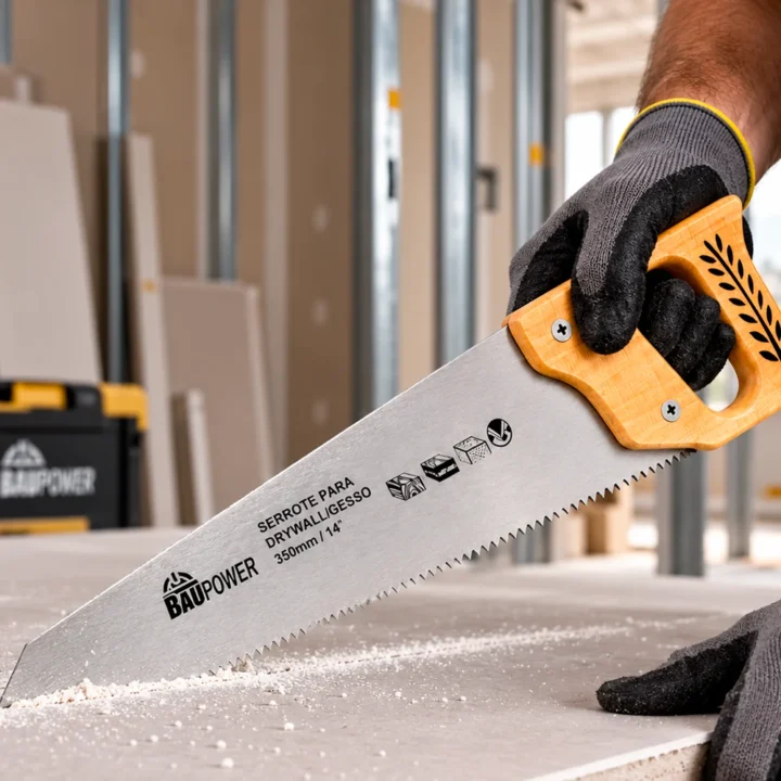 Mão com luva de trabalho serrando uma chapa de gesso acartonado com o serrote Baupower, em obra de drywall