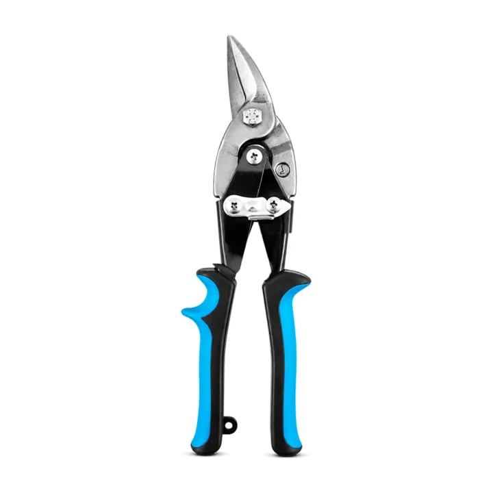Tesoura Baupower para perfil, corte à direita, cabo bimaterial azul e preto, em fundo branco