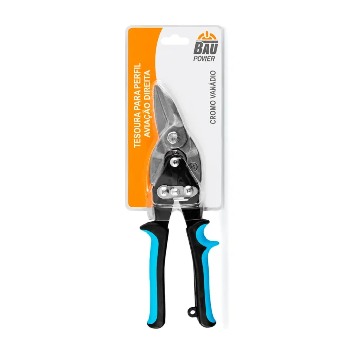 Cartela da tesoura Baupower para perfil, corte à direita, com o cabo bimaterial azul e preto à mostra