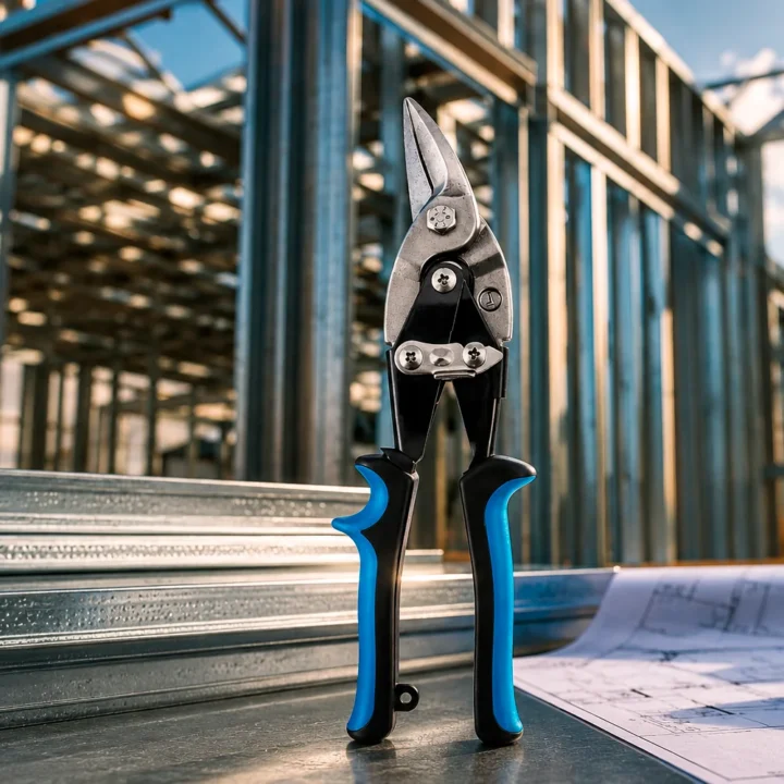 Tesoura Baupower para perfil, corte à direita, de cabo azul, encostada num perfil galvanizado em obra de light steel frame