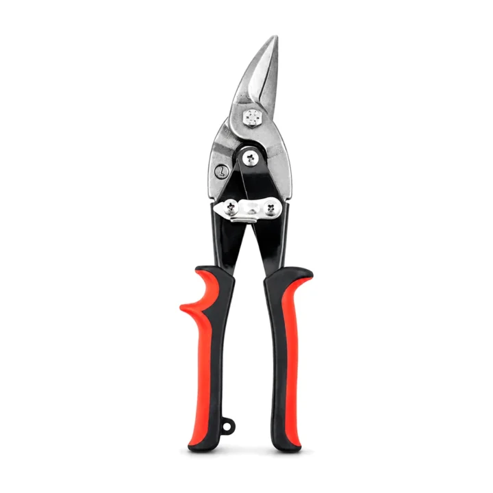 Tesoura Baupower para perfil, corte à esquerda, cabo bimaterial vermelho e preto, em fundo branco