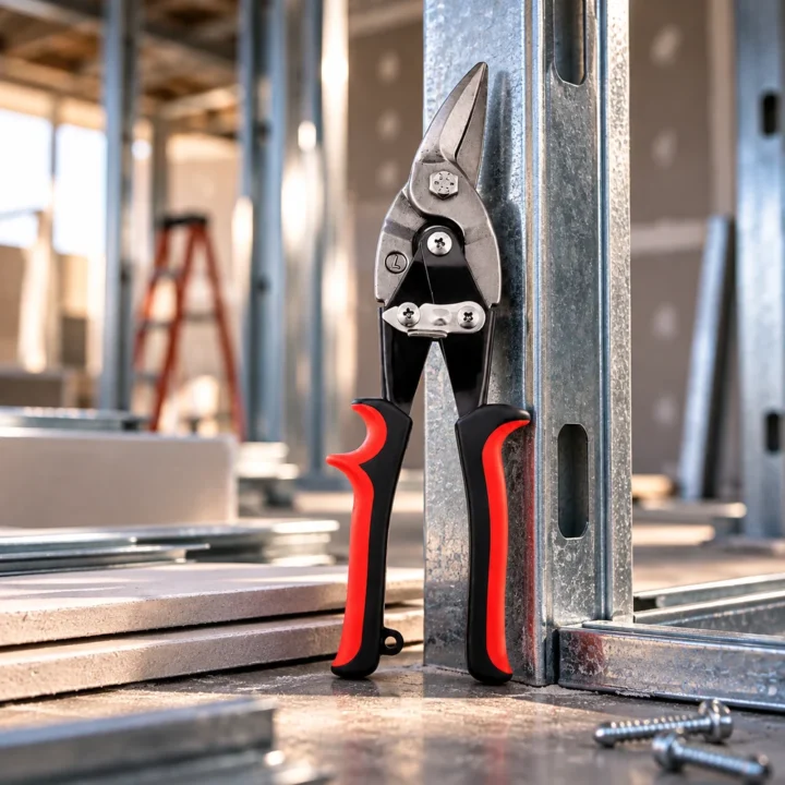 Tesoura Baupower para perfil, corte à esquerda, de cabo vermelho, encostada num perfil galvanizado em obra de light steel frame