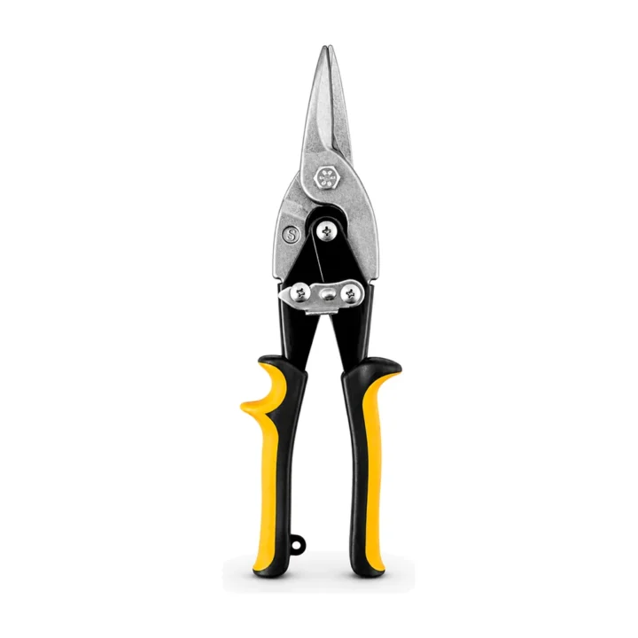 Tesoura Baupower para perfil, corte reto, cabo bimaterial amarelo e preto, em fundo branco