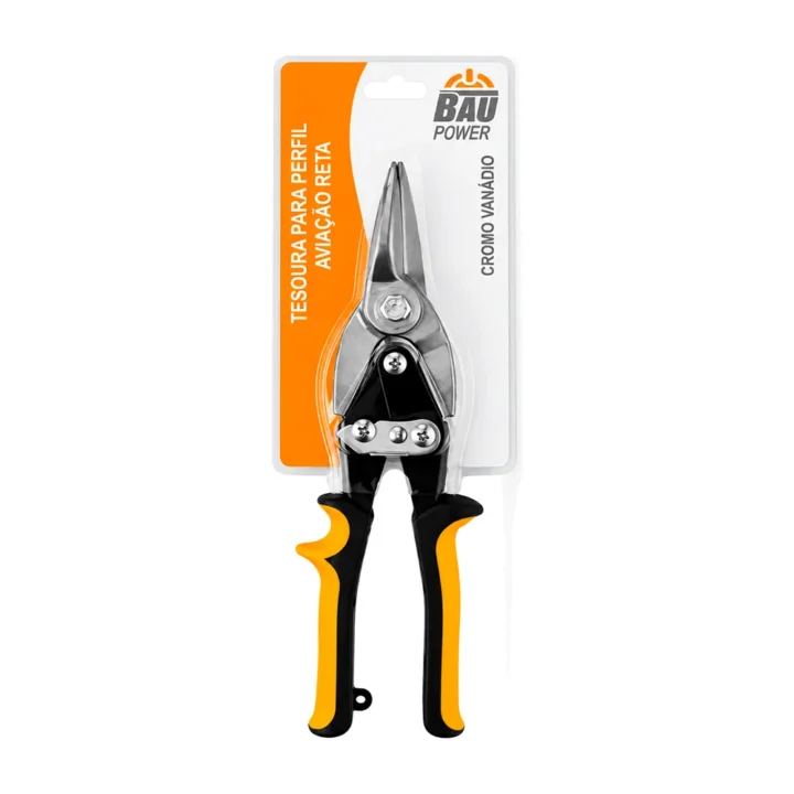 Cartela da tesoura Baupower para perfil, corte reto, com o cabo bimaterial amarelo e preto à mostra