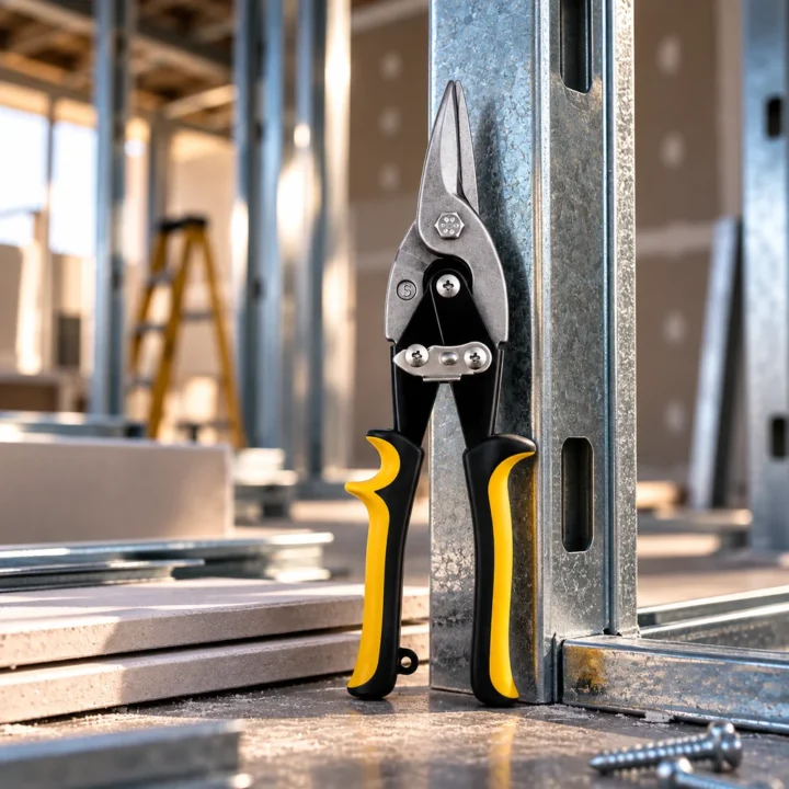 Tesoura Baupower para perfil, corte reto, de cabo amarelo, encostada num perfil galvanizado em obra de light steel frame